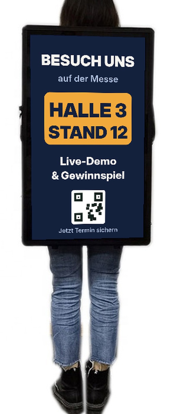 Werbebildschirm mit Hinweis auf Messestand, Halle 3, Stand 12